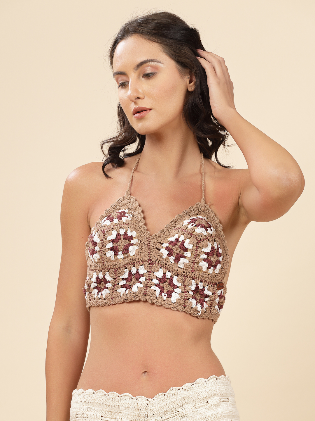 Velvery Handmade Crochet Granny Square Beachwear - Beige