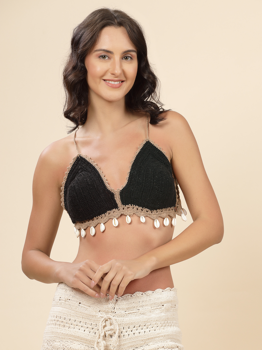 Velvery Seashell Embellished Crochet Maleah Bralette - Black