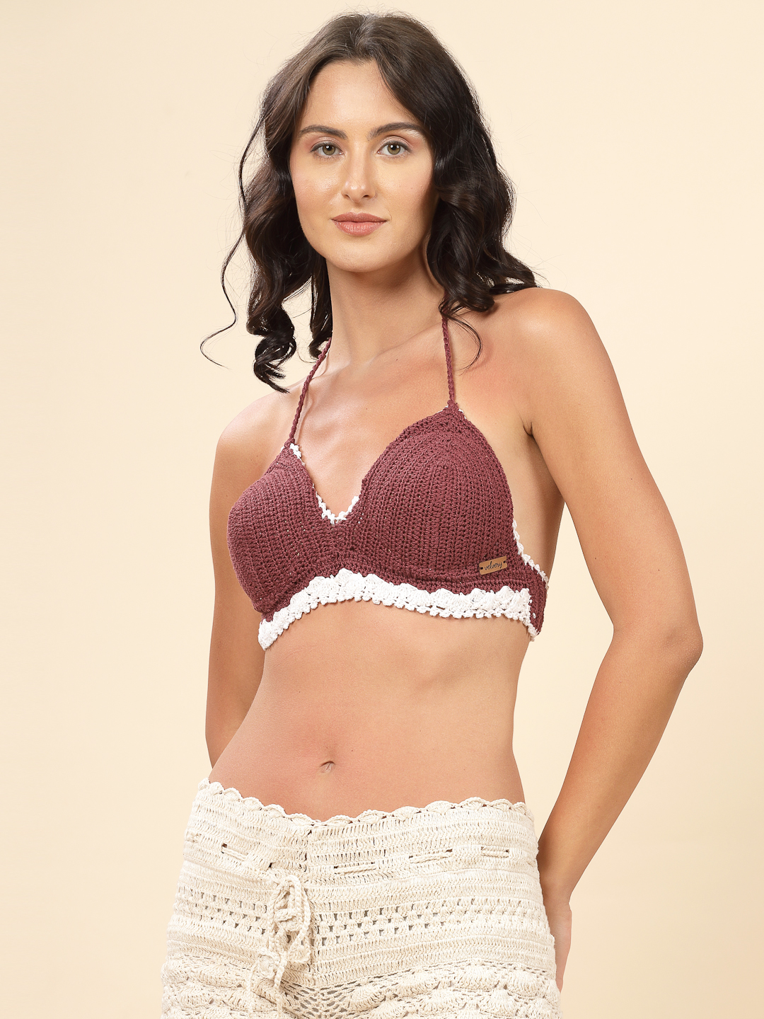 Velvery Handmade Crochet Halterneck Beach Bra - Brown