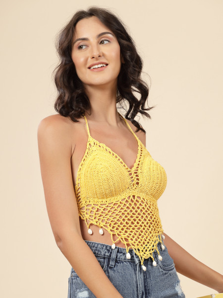 Image of Seashell Embellished Beach Bralette with Mesh Details - Yellow