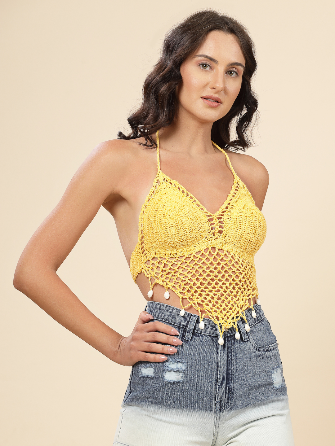 Seashell Embellished Beach Bralette with Mesh Details - Yellow