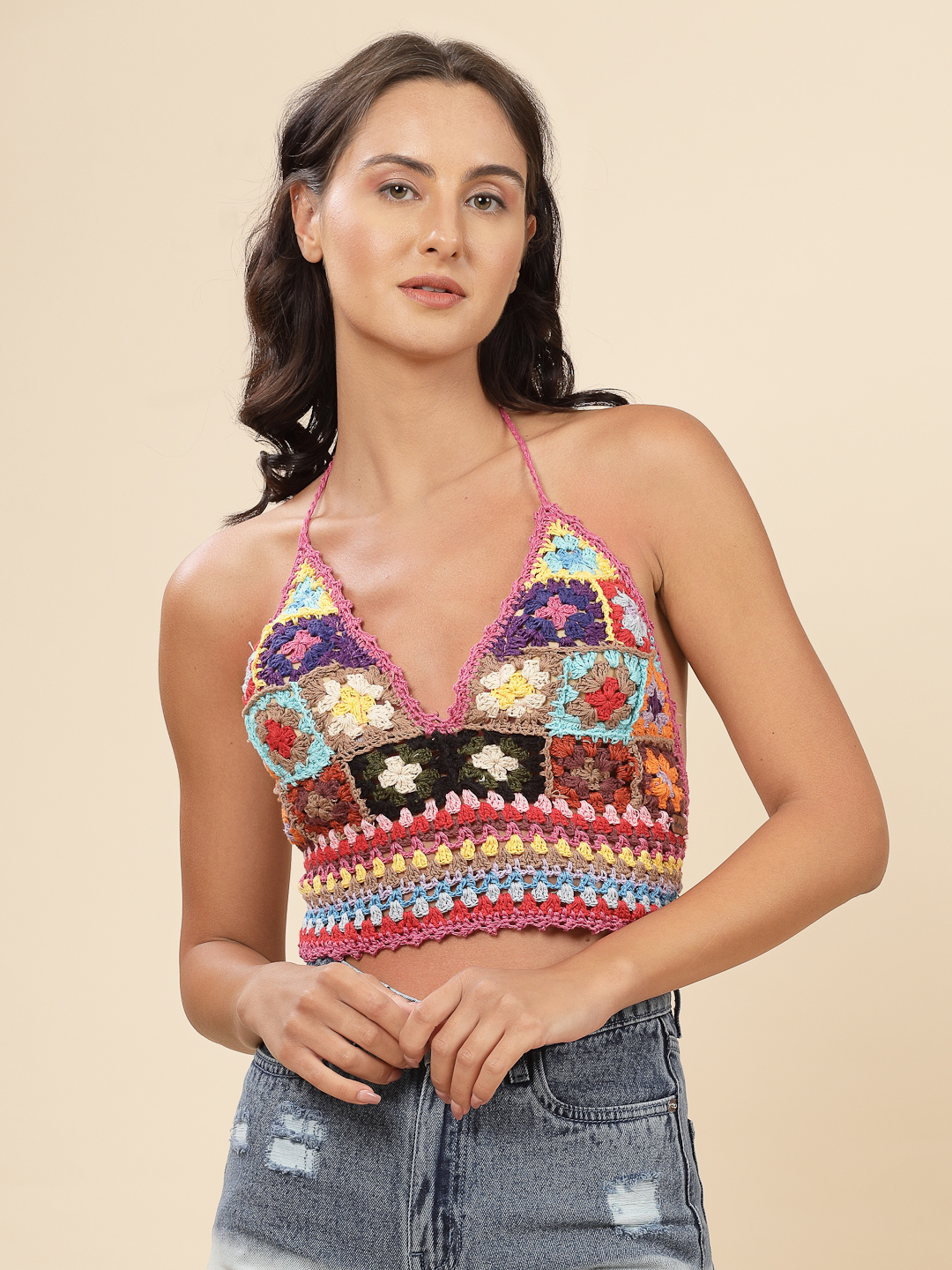 Velvery Bohemian Bralette Crochet Halter Top - Multi