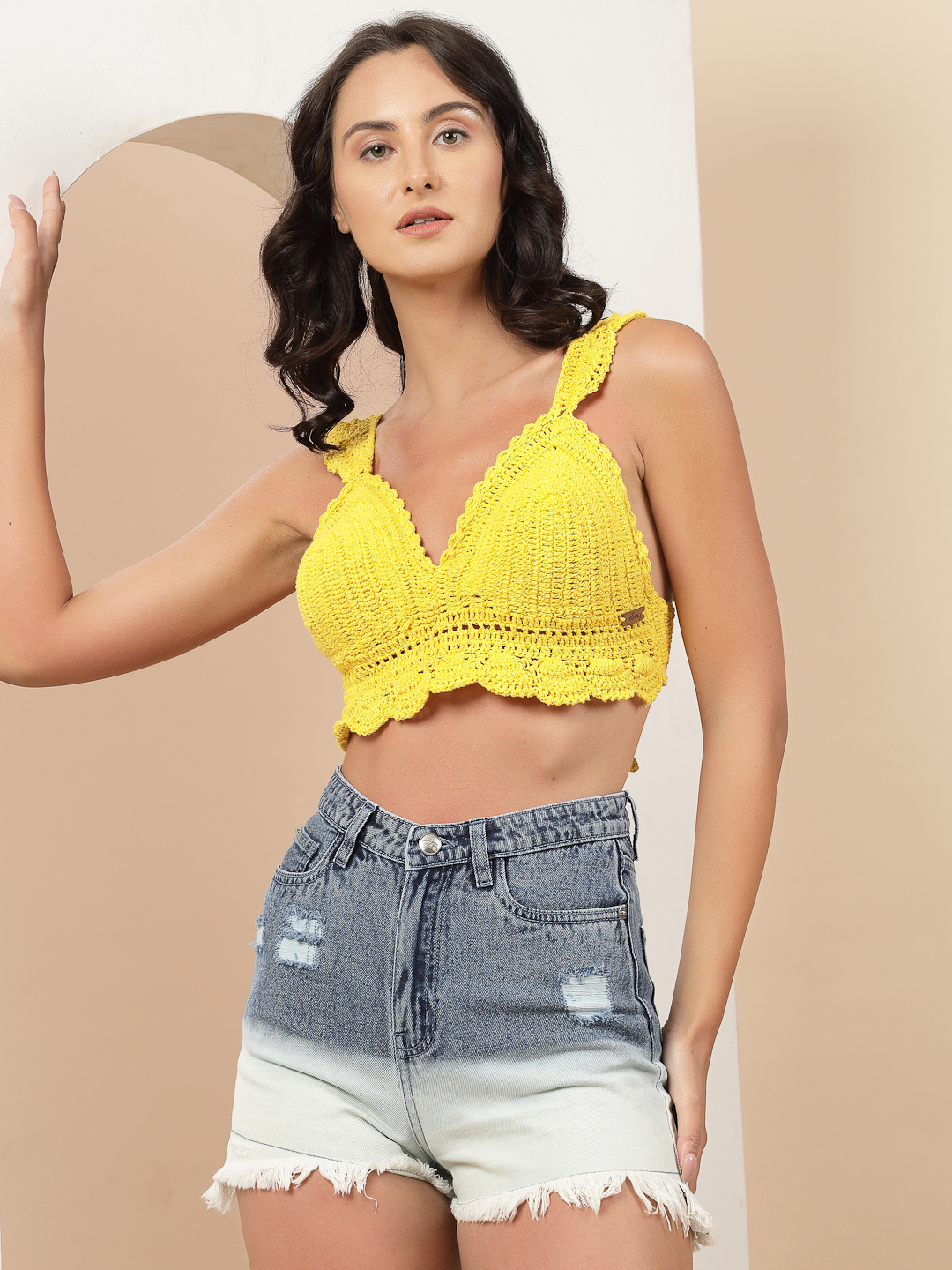 Velvery Crochet Bra Top with Frill Straps - Yellow