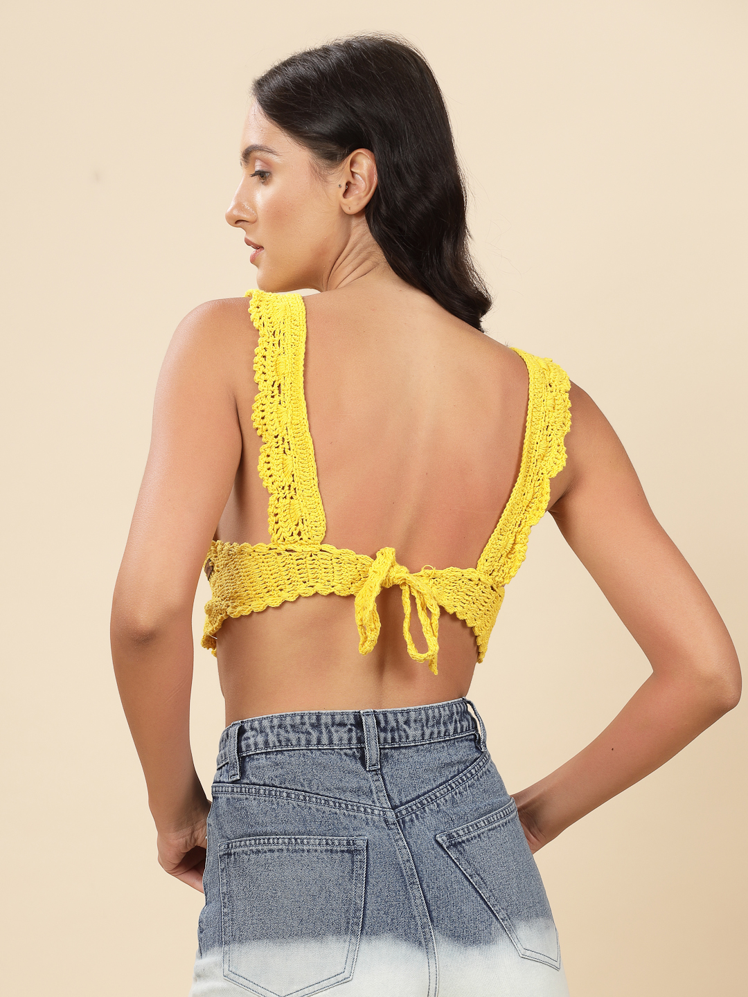 Velvery Crochet Bra Top with Frill Straps - Yellow