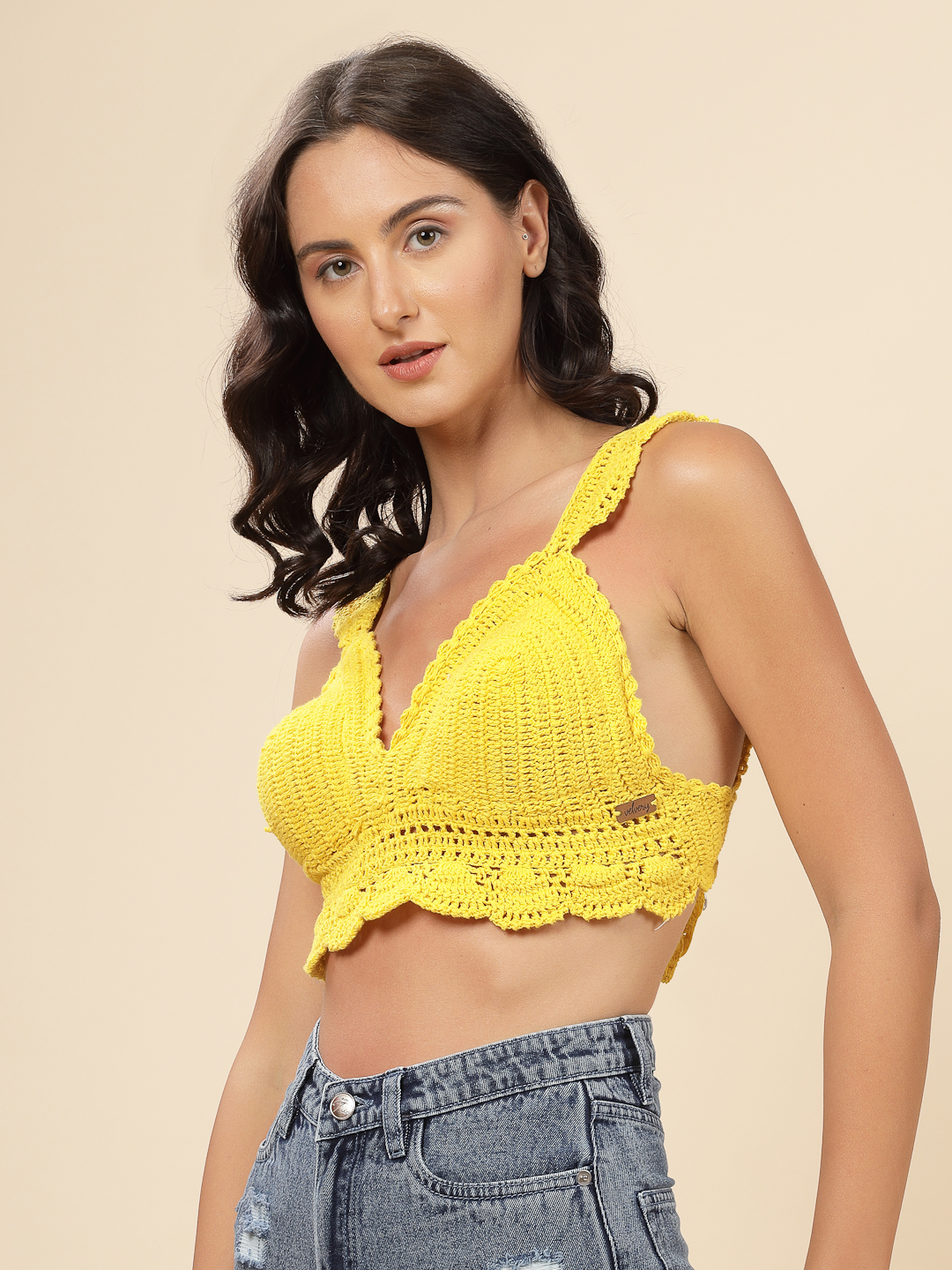 Velvery Crochet Bra Top with Frill Straps - Yellow