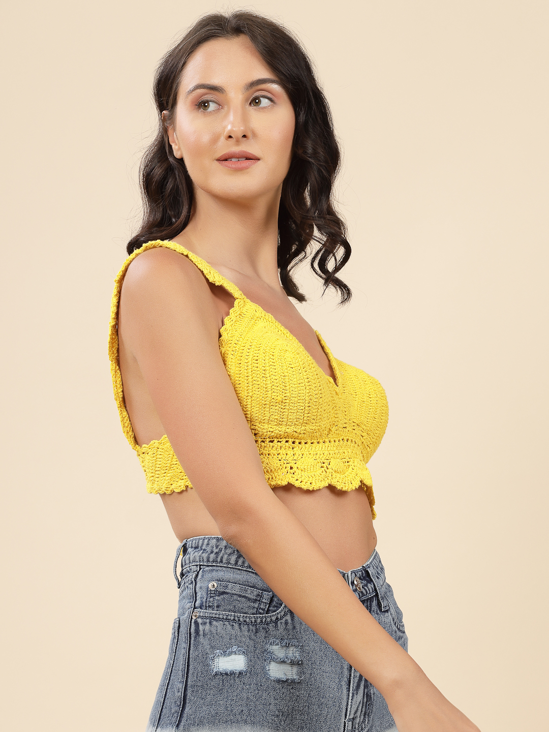 Velvery Crochet Bra Top with Frill Straps - Yellow