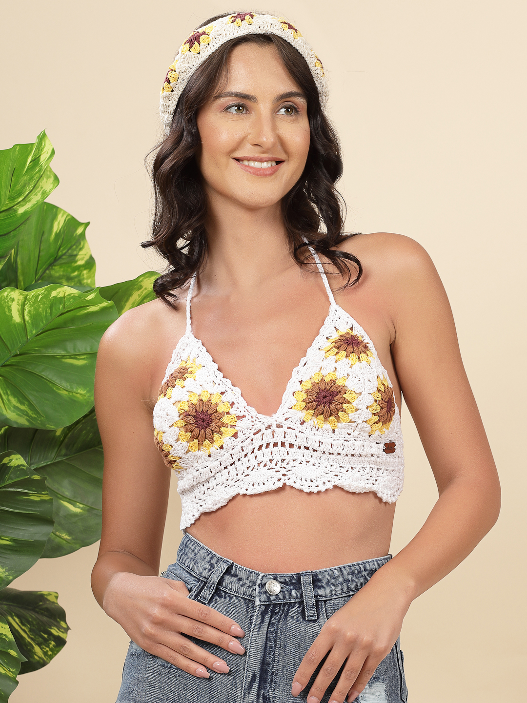 Velvery Handmade Crochet Sunflower Tank Top - Yellow