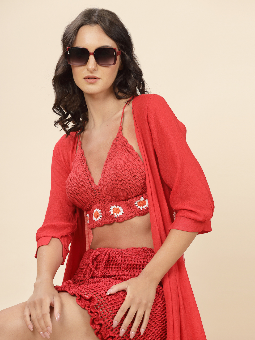 Velvery Handmade Crochet Sexy Lingerie Bra Top - Red