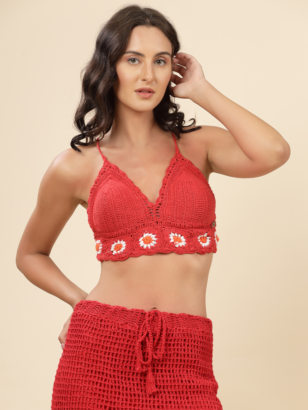 Velvery Handmade Crochet Sexy Lingerie Bra Top - Red