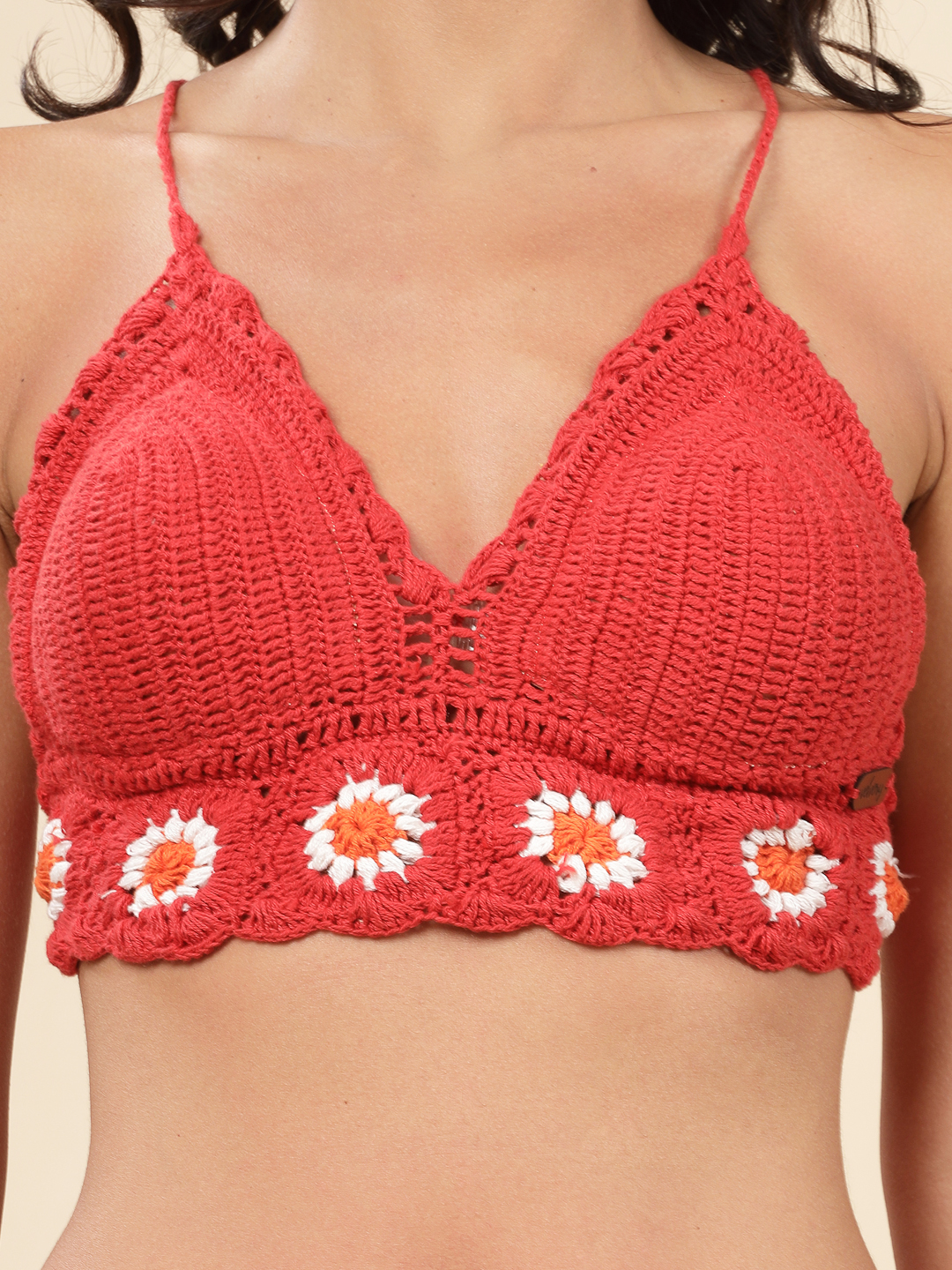 Velvery Handmade Crochet Sexy Lingerie Bra Top - Red