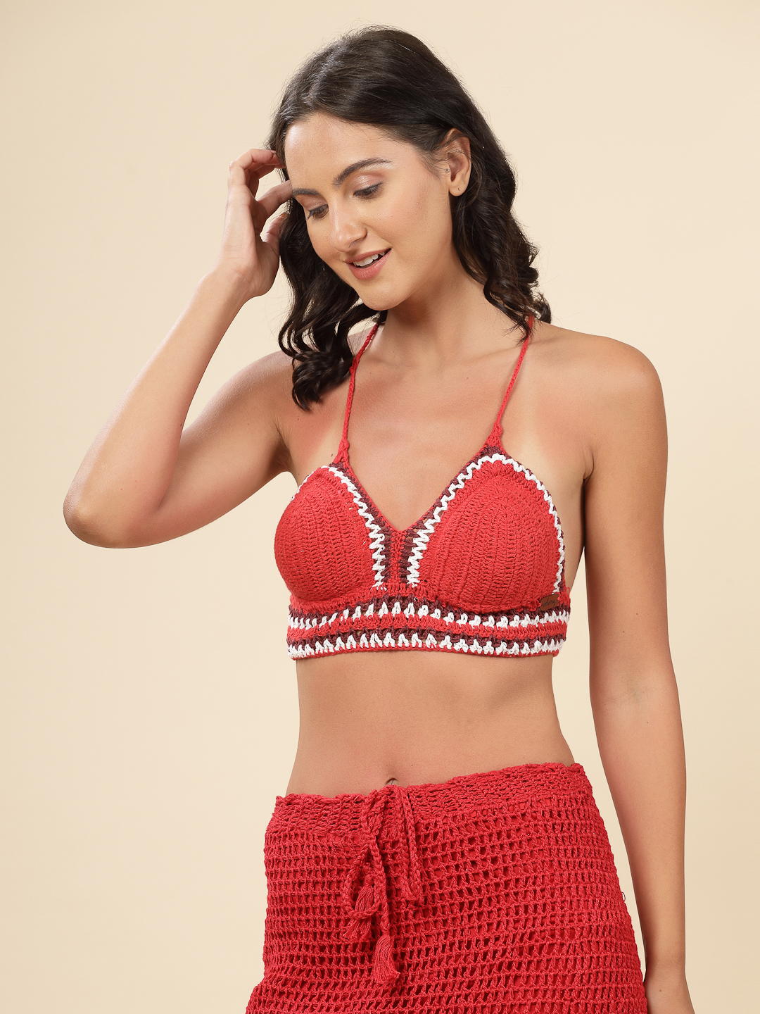 Velvery Crochet Boho Bralette with Criss Cross Straps - Red