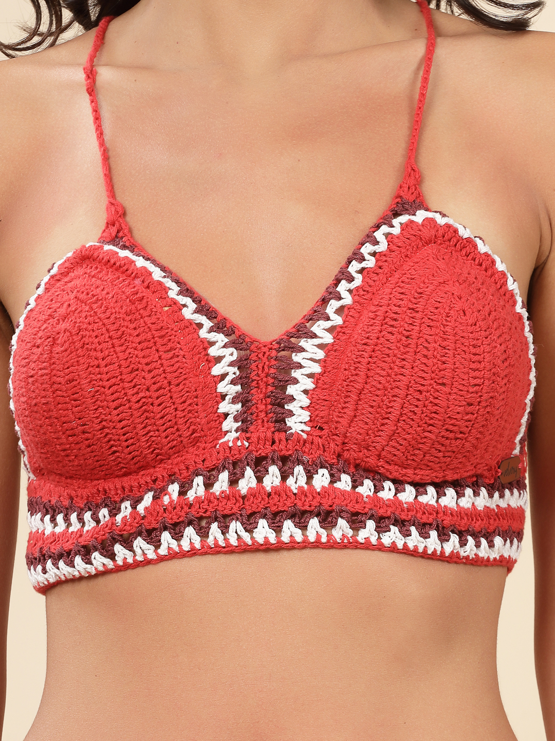 Velvery Crochet Boho Bralette with Criss Cross Straps - Red