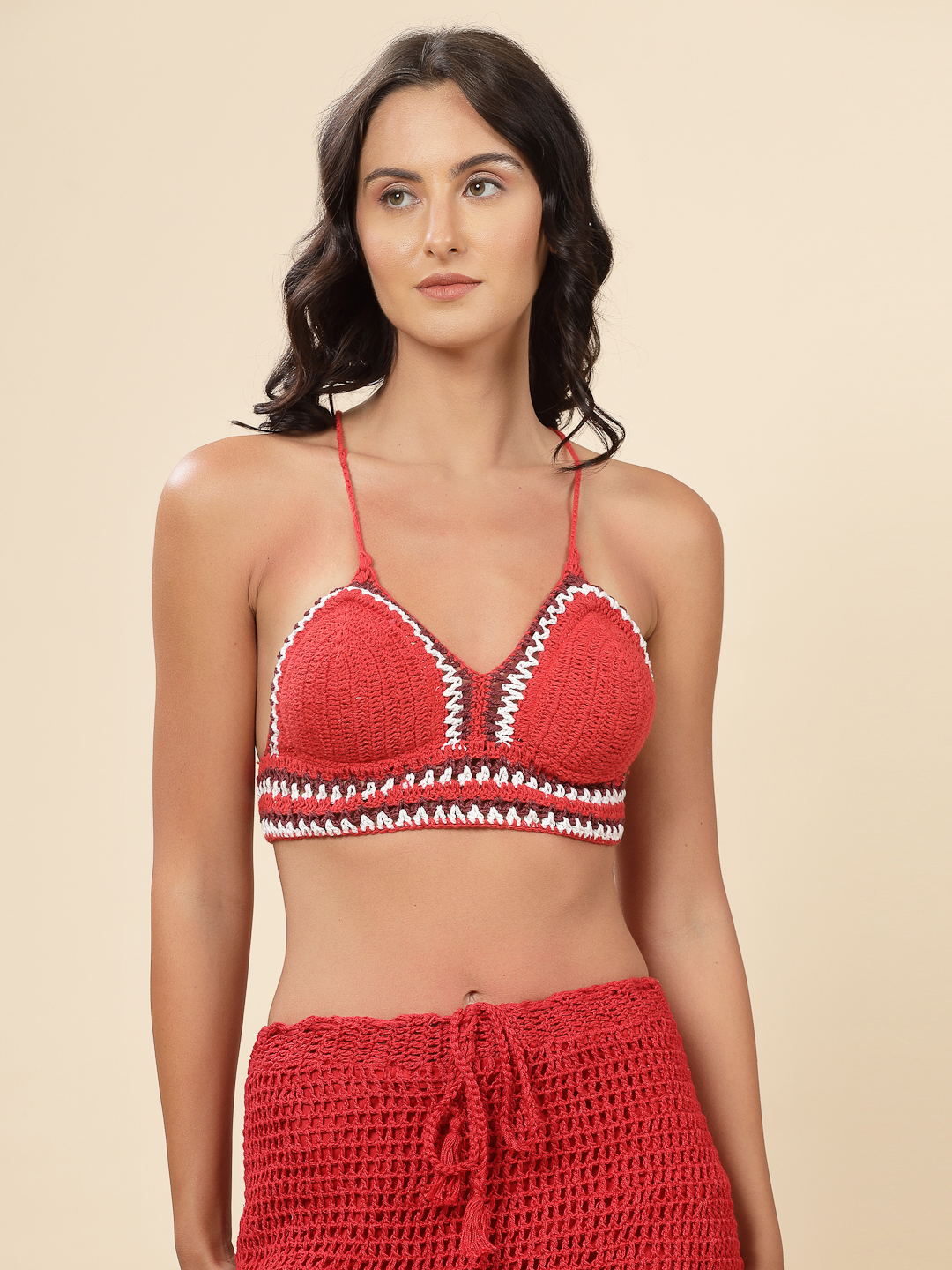 Velvery Crochet Boho Bralette with Criss Cross Straps - Red