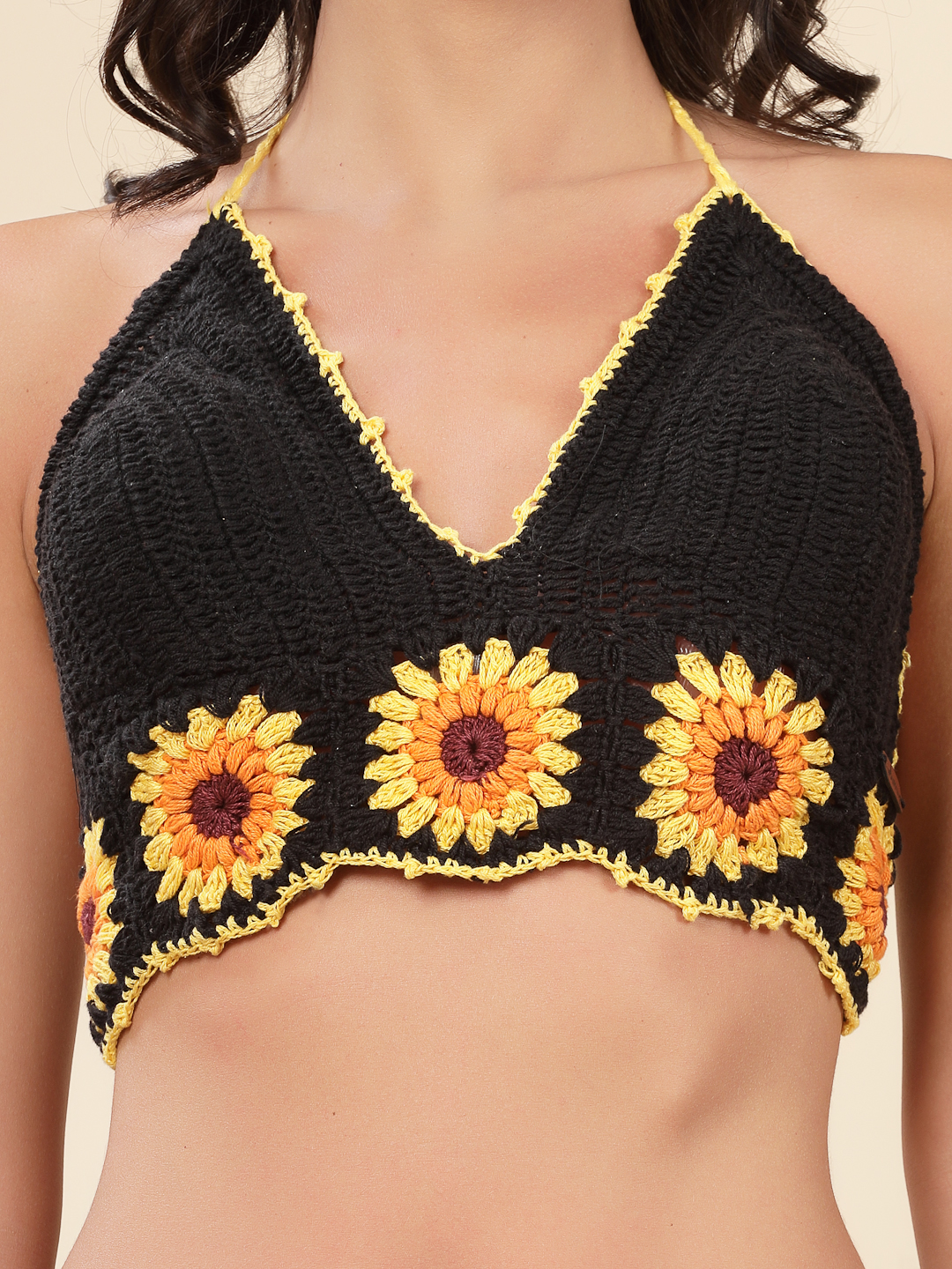 Velvery Handmade Crochet Sunflower Bralette - Black