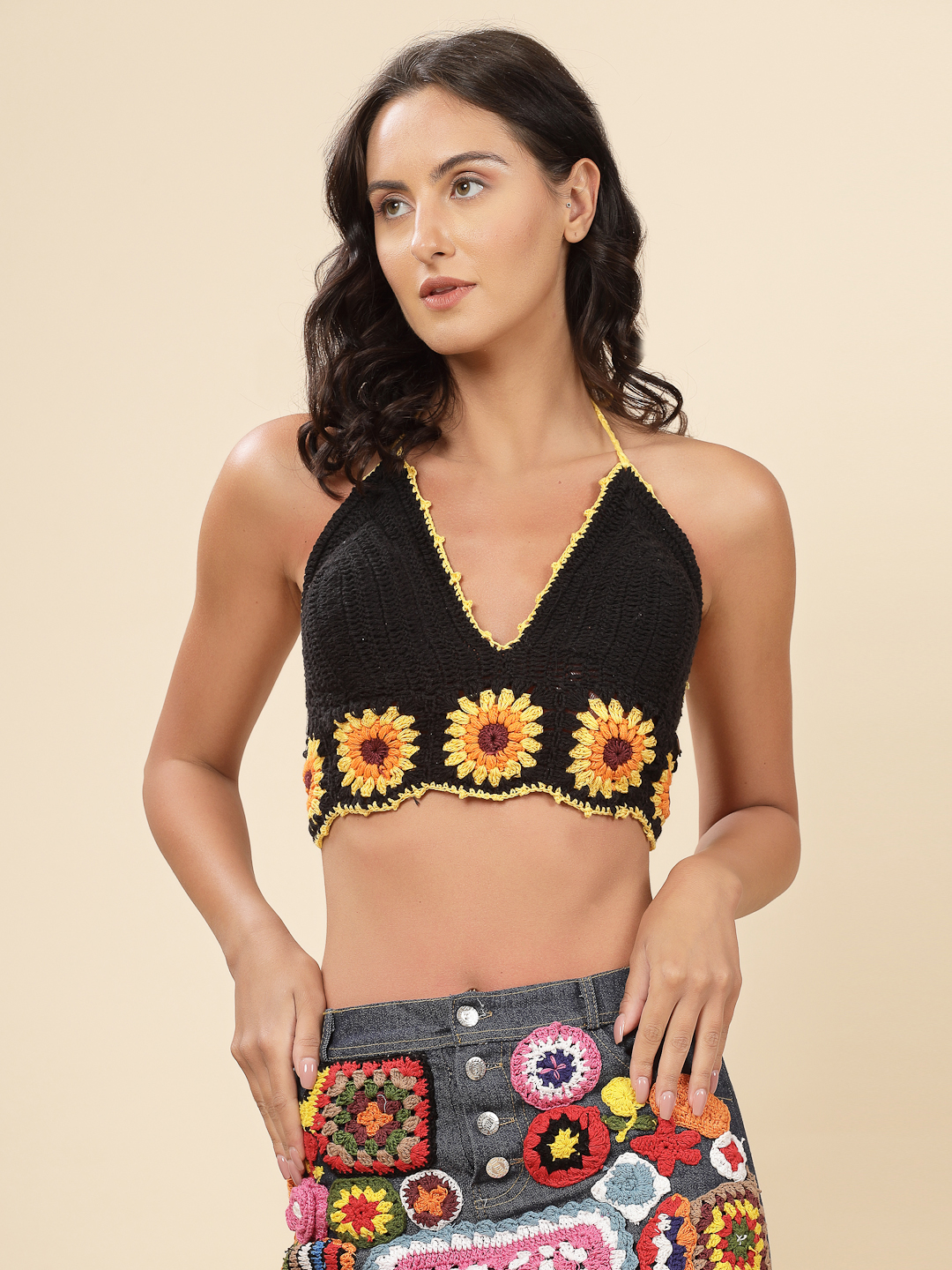 Velvery Handmade Crochet Sunflower Bralette - Black