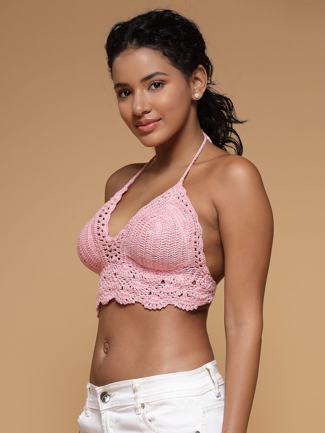Velvery Handmade Baby Pink Halter Neck High Coverage Padded Bralette Top With Tie-Ups M