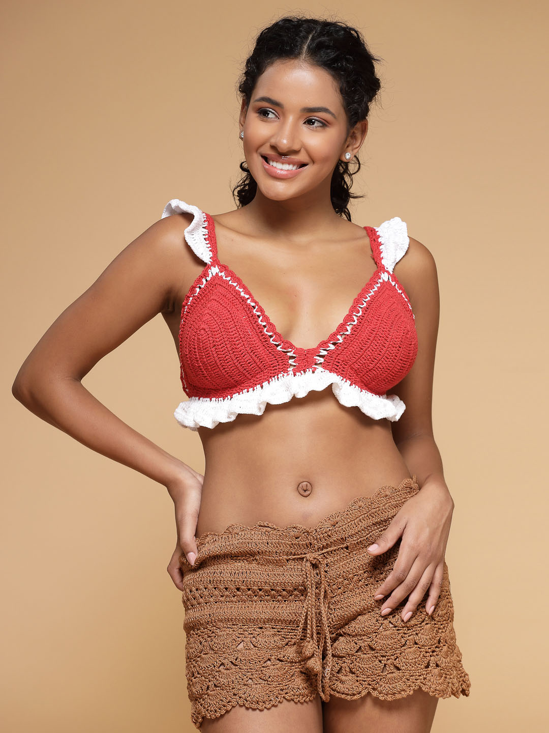 Velvery Handmade Red & White V-Neck Frilled Design Padded Bralette Top With Tie-Ups S