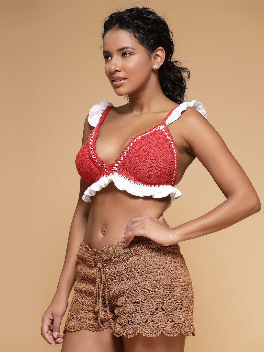 Velvery Handmade Red & White V-Neck Frilled Design Padded Bralette Top With Tie-Ups S