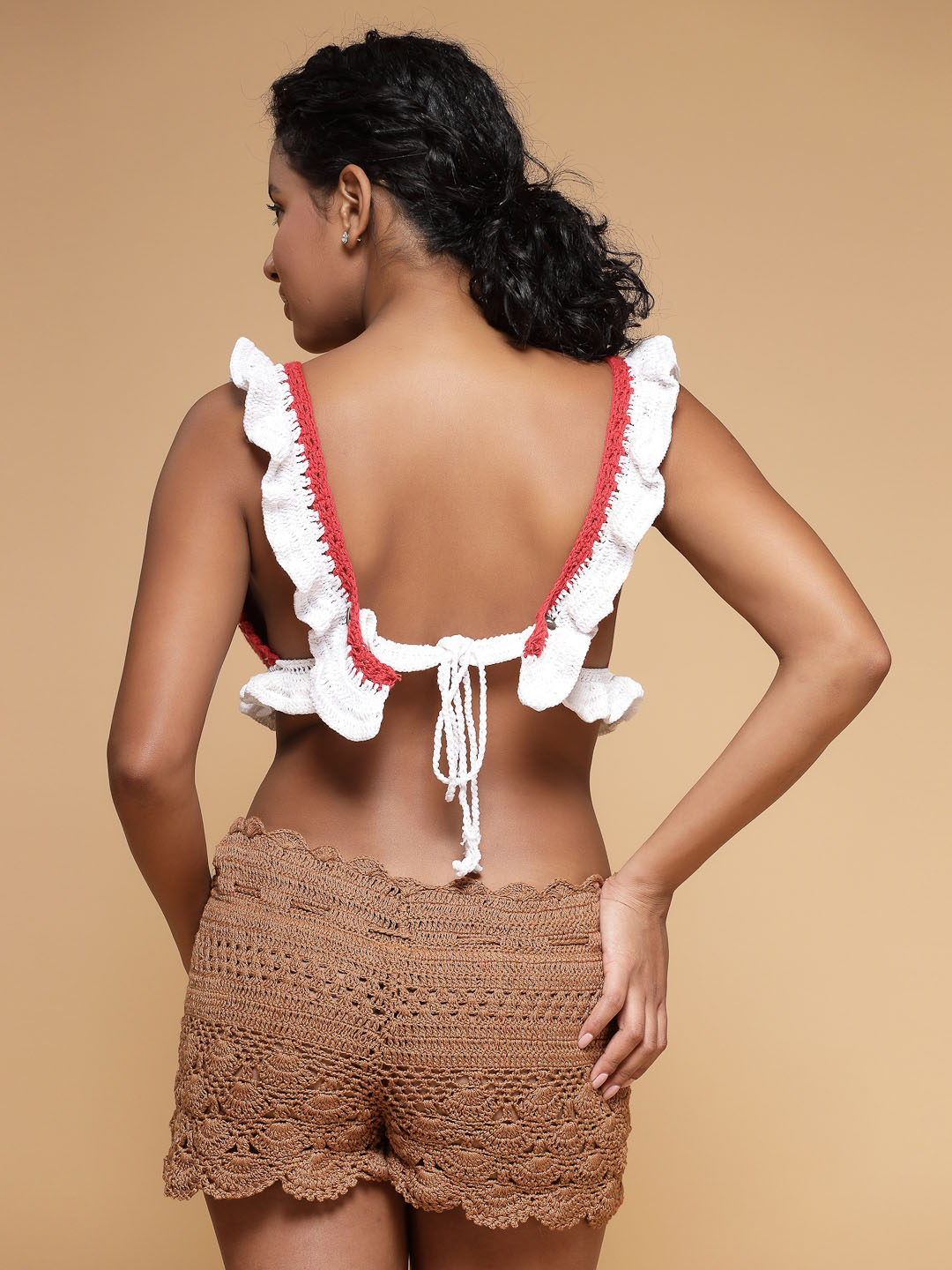 Velvery Handmade Red & White V-Neck Frilled Design Padded Bralette Top With Tie-Ups S