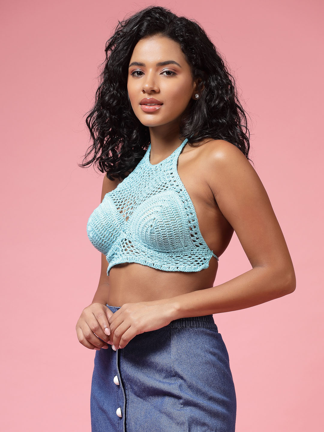 Velvery Handmade Turquoise Blue Halter Neck High Coverage Padded Bralette Top With Tie-Ups S