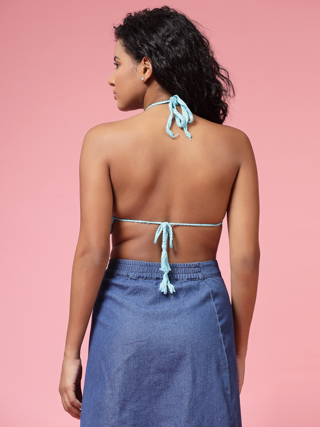 Velvery Handmade Turquoise Blue Halter Neck High Coverage Padded Bralette Top With Tie-Ups S