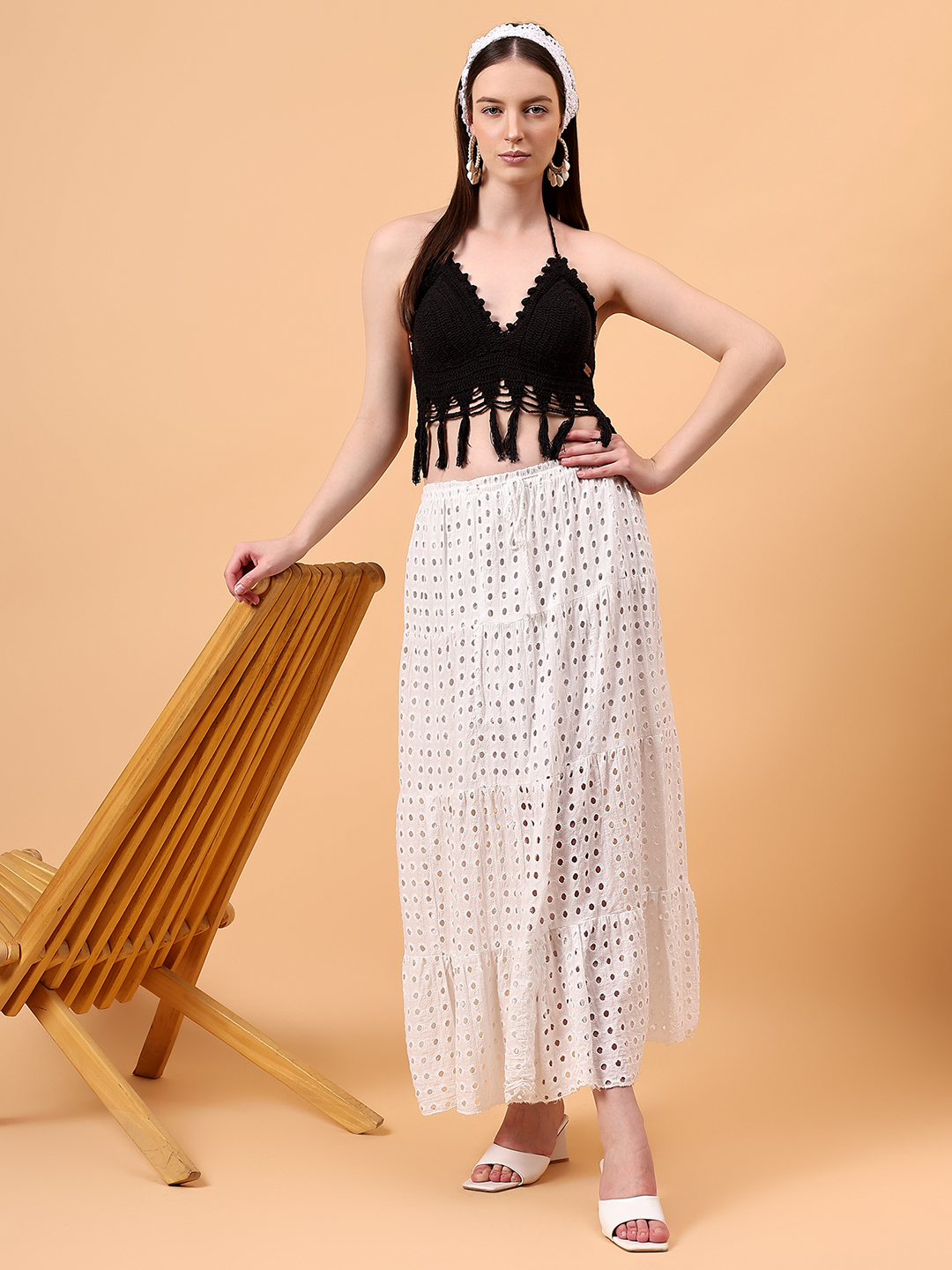 Velvery Black Halter Neck Tassel Details Padded Bralette Top With Tie-Ups