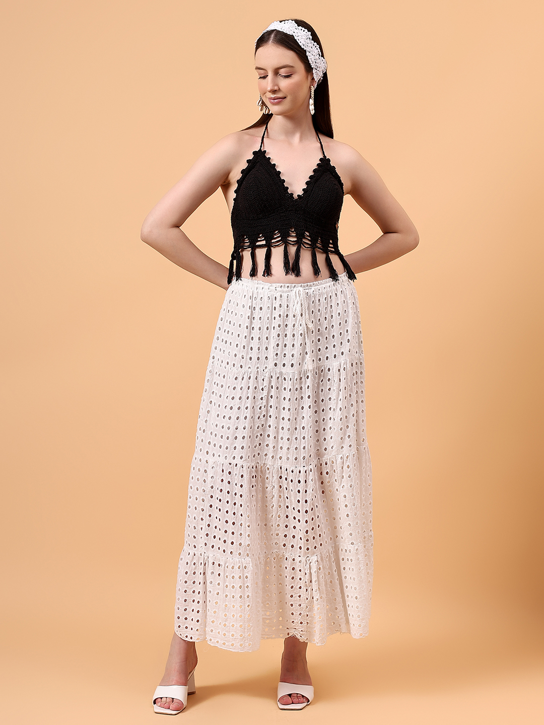 Velvery Black Halter Neck Tassel Details Padded Bralette Top With Tie-Ups