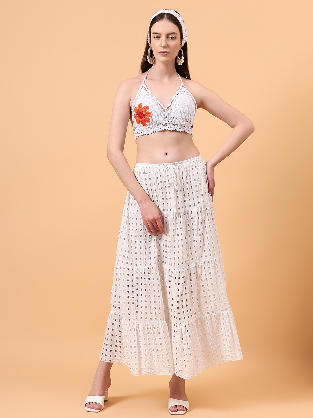 Velvery Floral Crochet Halter Neck Padded Bralette Top With Tie-Ups