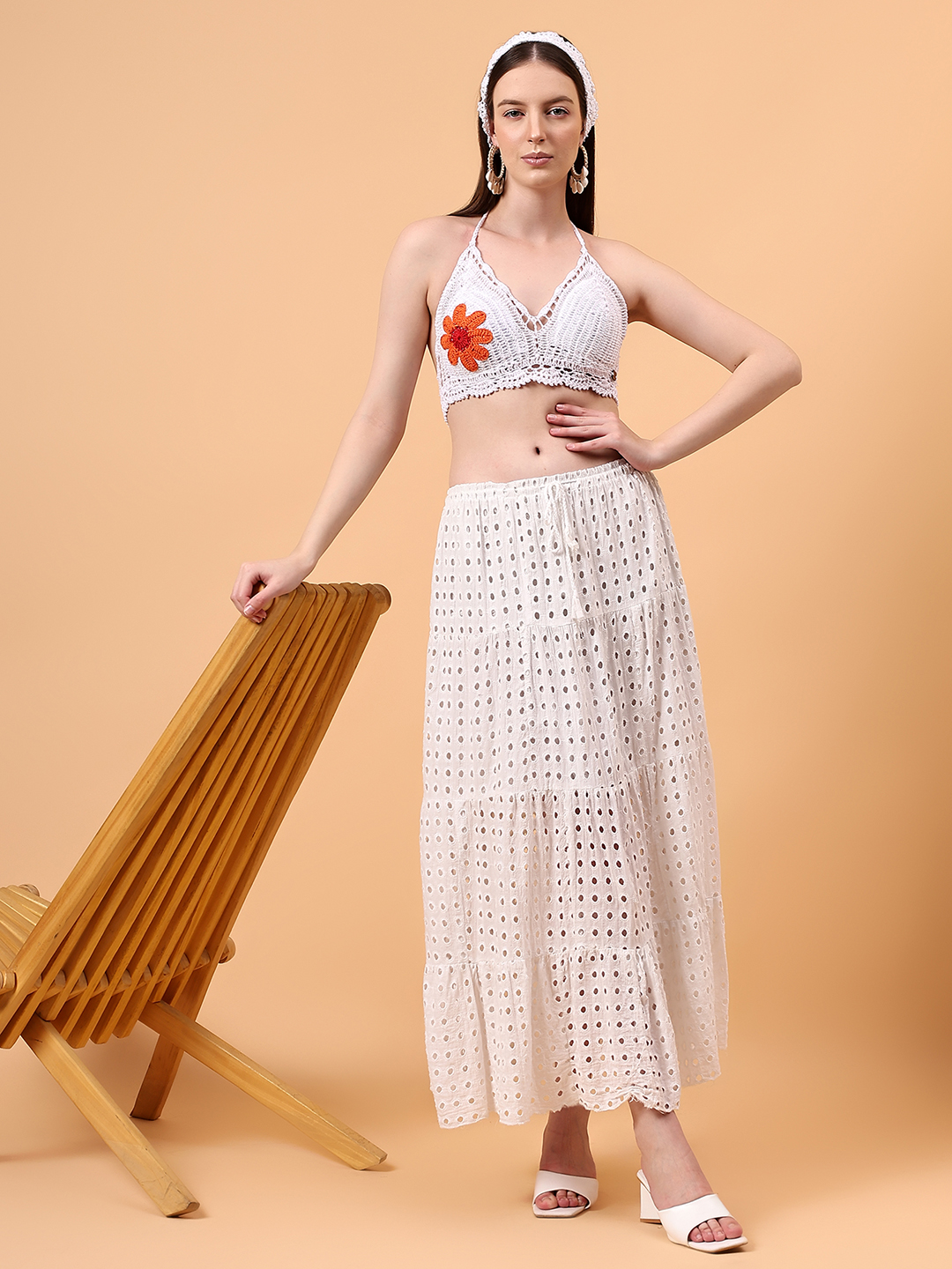 Velvery Floral Crochet Halter Neck Padded Bralette Top With Tie-Ups
