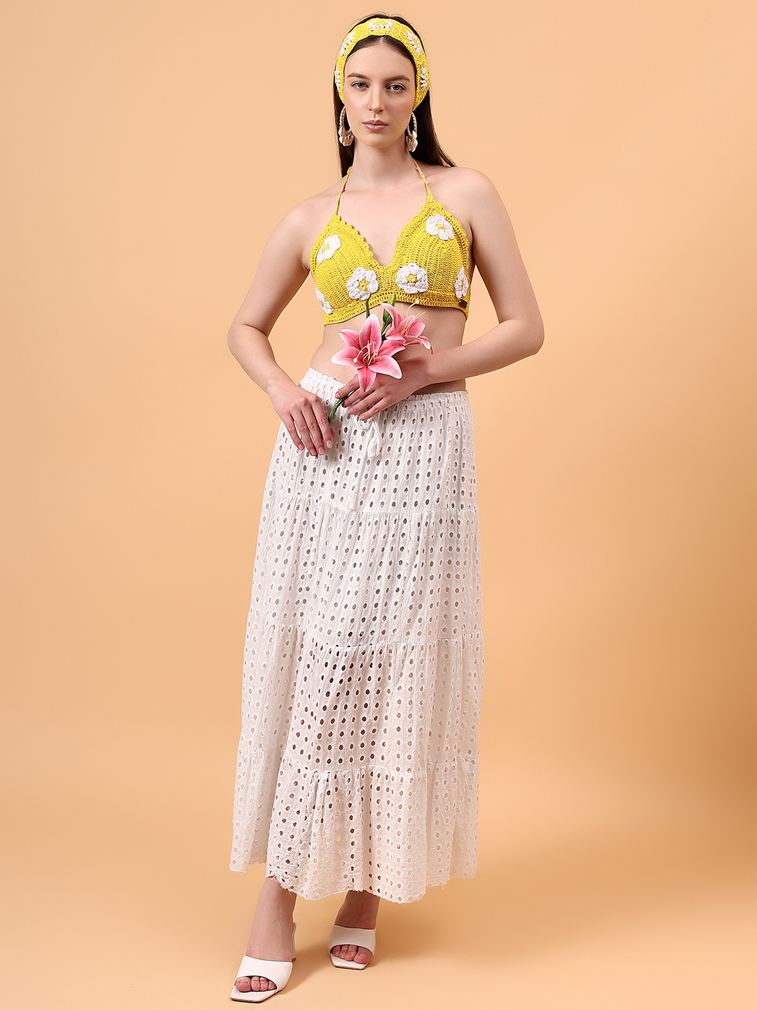 Velvery Floral Crochet Halter Neck Padded Bralette Top With Tie-Ups