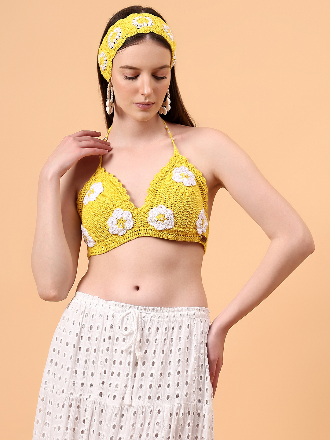 Velvery Floral Crochet Halter Neck Padded Bralette Top With Tie-Ups