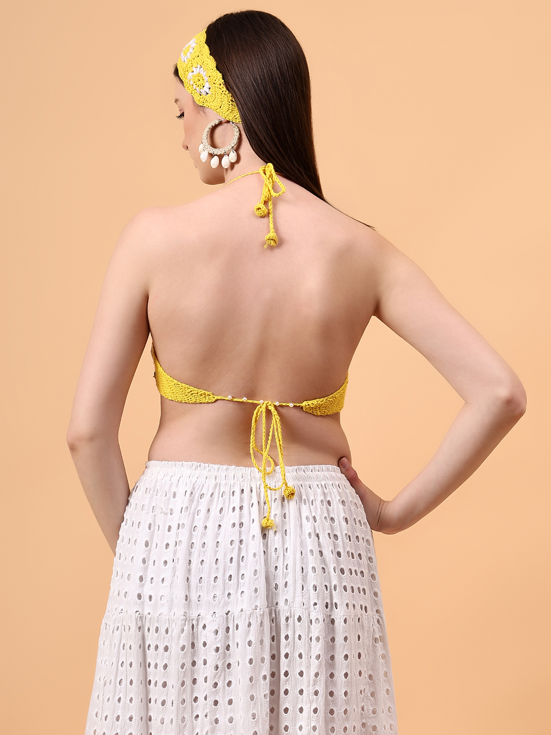 Velvery Floral Crochet Halter Neck Padded Bralette Top With Tie-Ups
