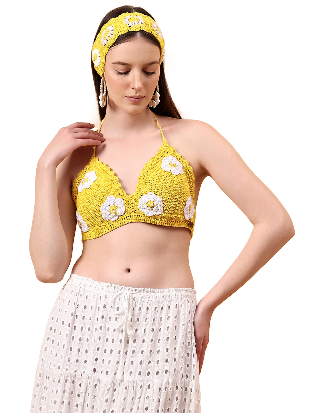 Velvery Floral Crochet Halter Neck Padded Bralette Top With Tie-Ups