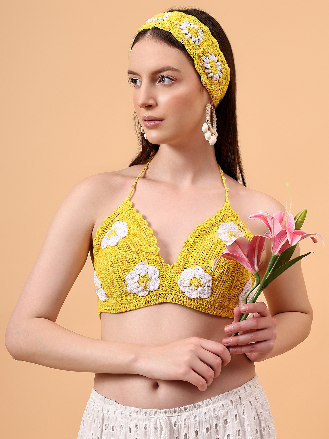 Velvery Floral Crochet Halter Neck Padded Bralette Top With Tie-Ups