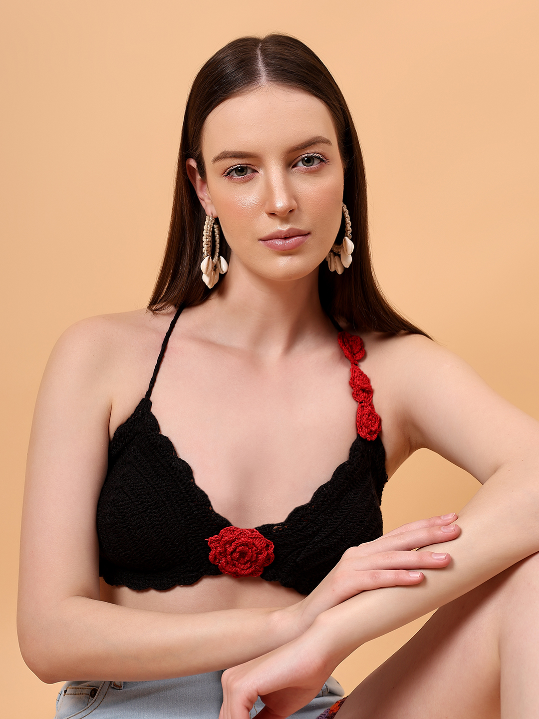 Velvery Rose Detail Crochet Halterneck Beachwear Top
