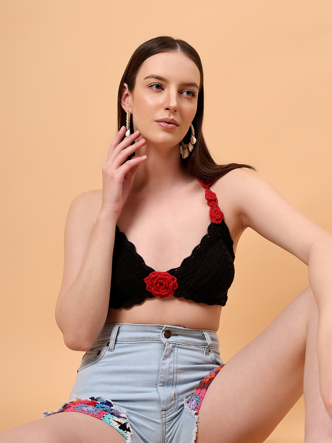 Velvery Rose Detail Crochet Halterneck Beachwear Top