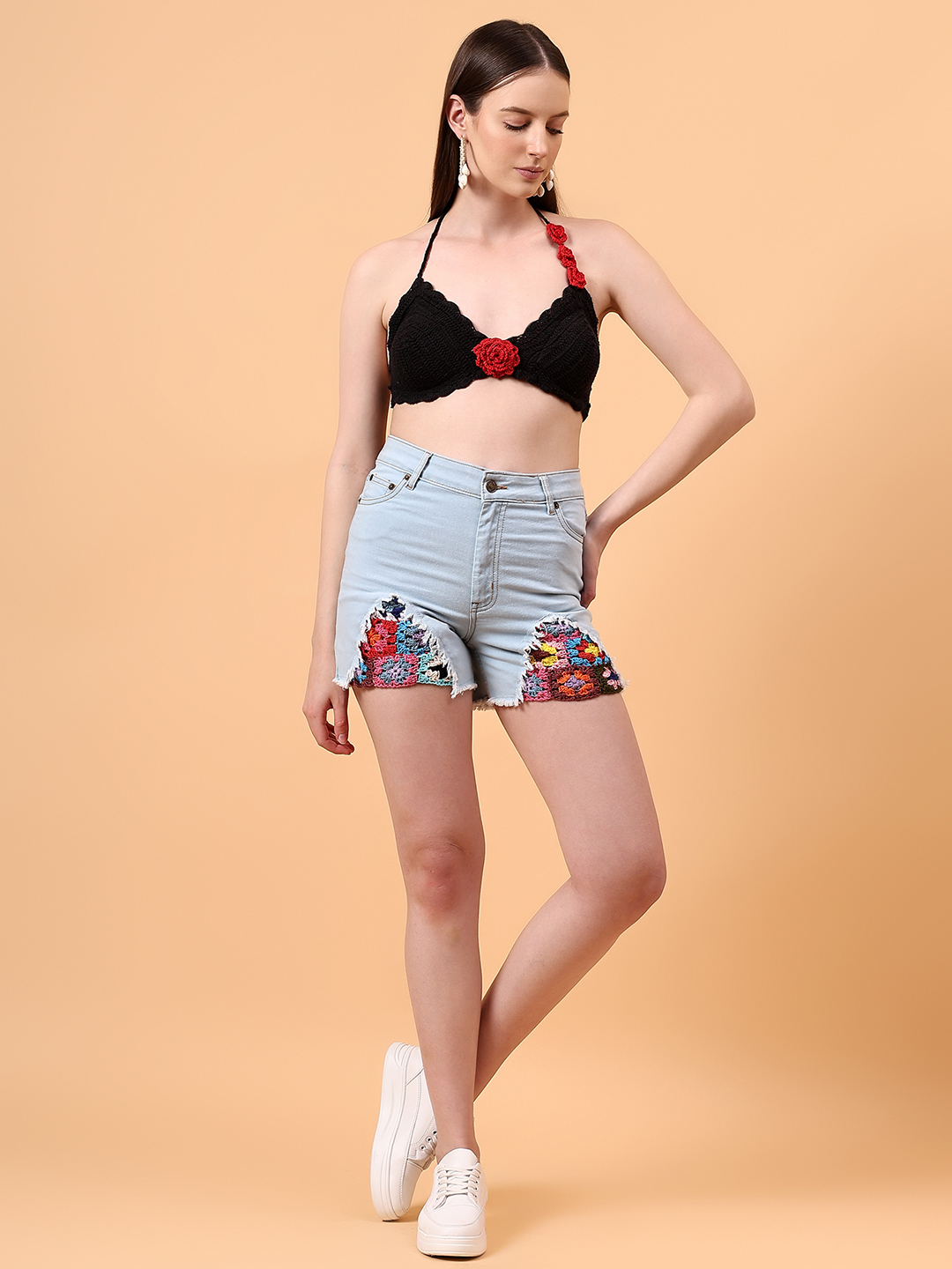 Velvery Rose Detail Crochet Halterneck Beachwear Top
