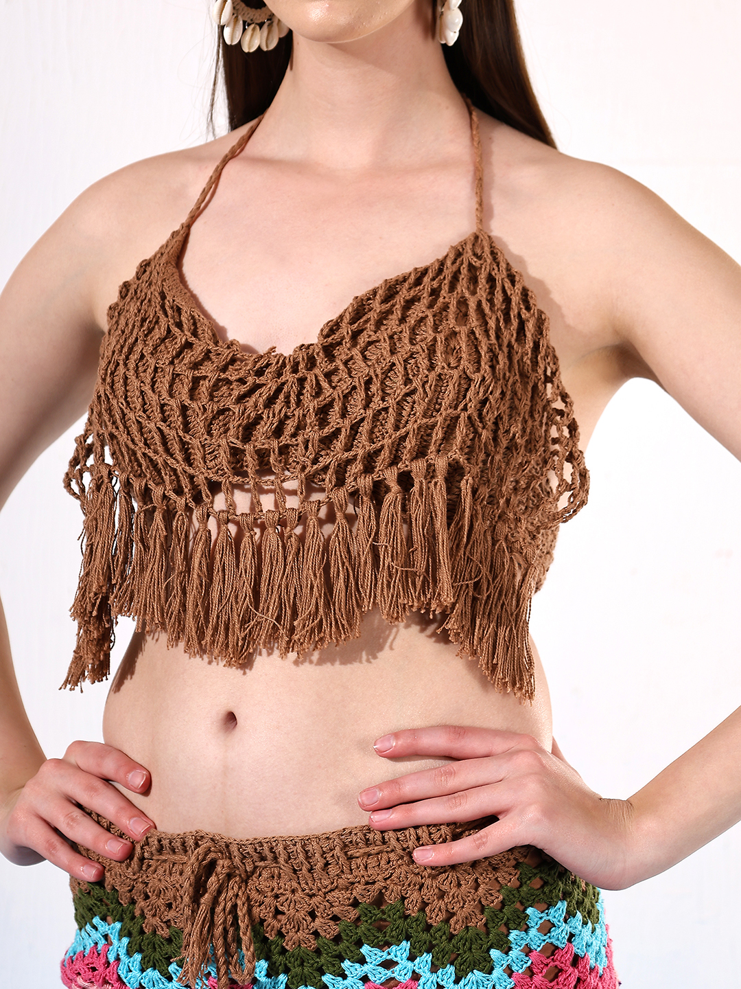 Velvery Brown Halter Neck Tassel Details Padded Bralette Top With Tie-Ups