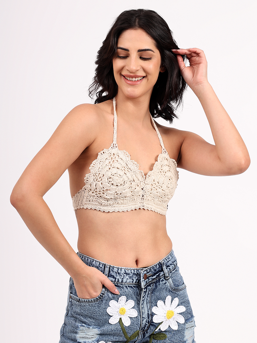 Handmade Crochet Floral Self Design Bralette Top