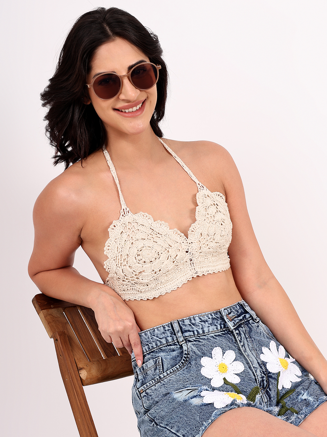 Handmade Crochet Floral Self Design Bralette Top