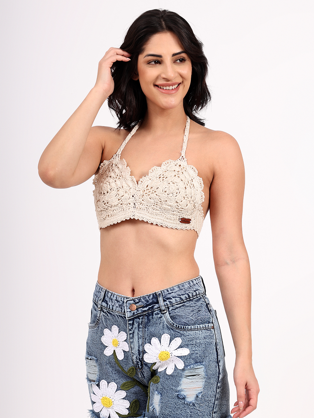 Handmade Crochet Floral Self Design Bralette Top