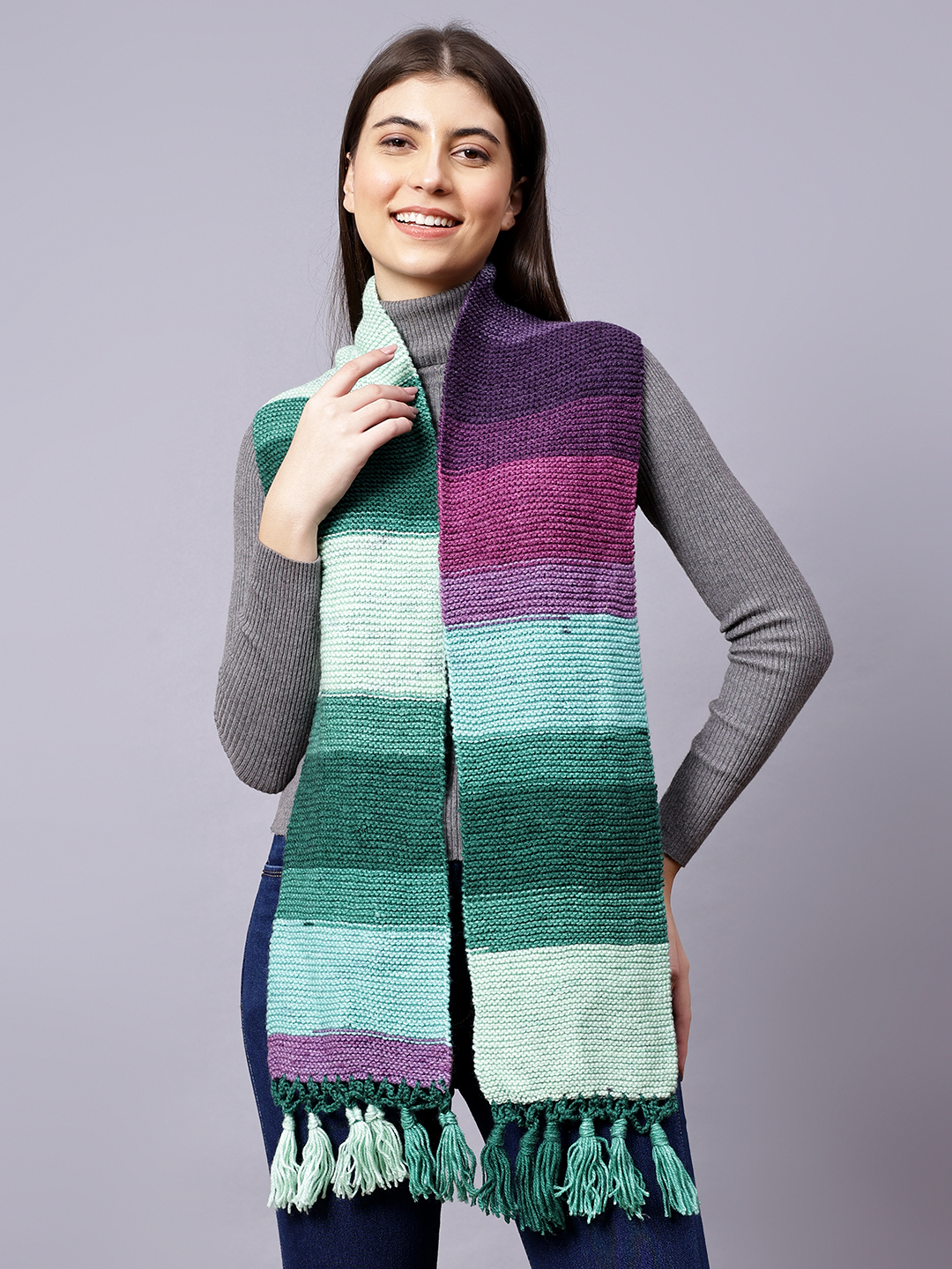 Hand Knitted Winter Muffler with Tassels for Women - Multi