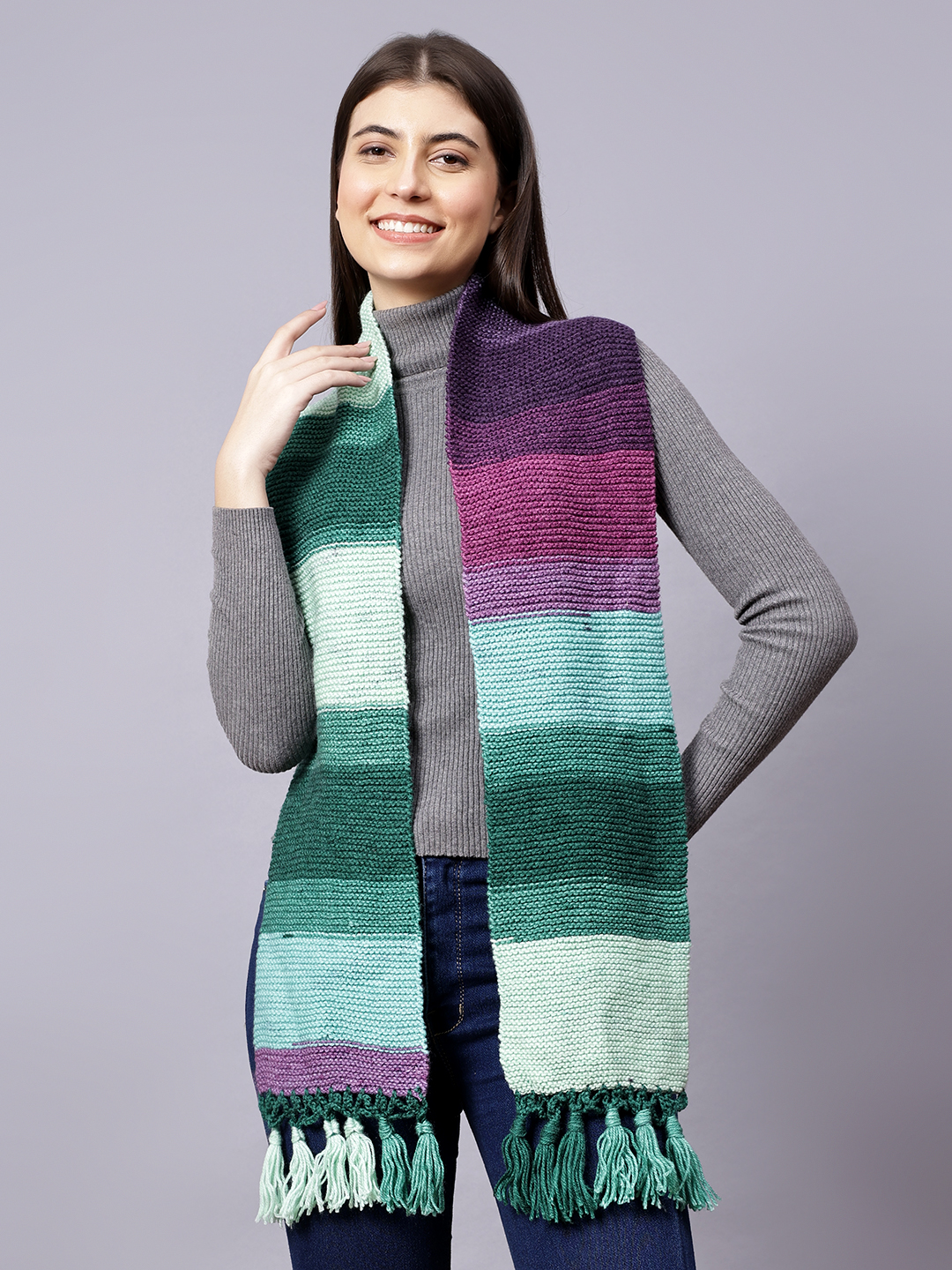 Hand Knitted Winter Muffler with Tassels for Women - Multi