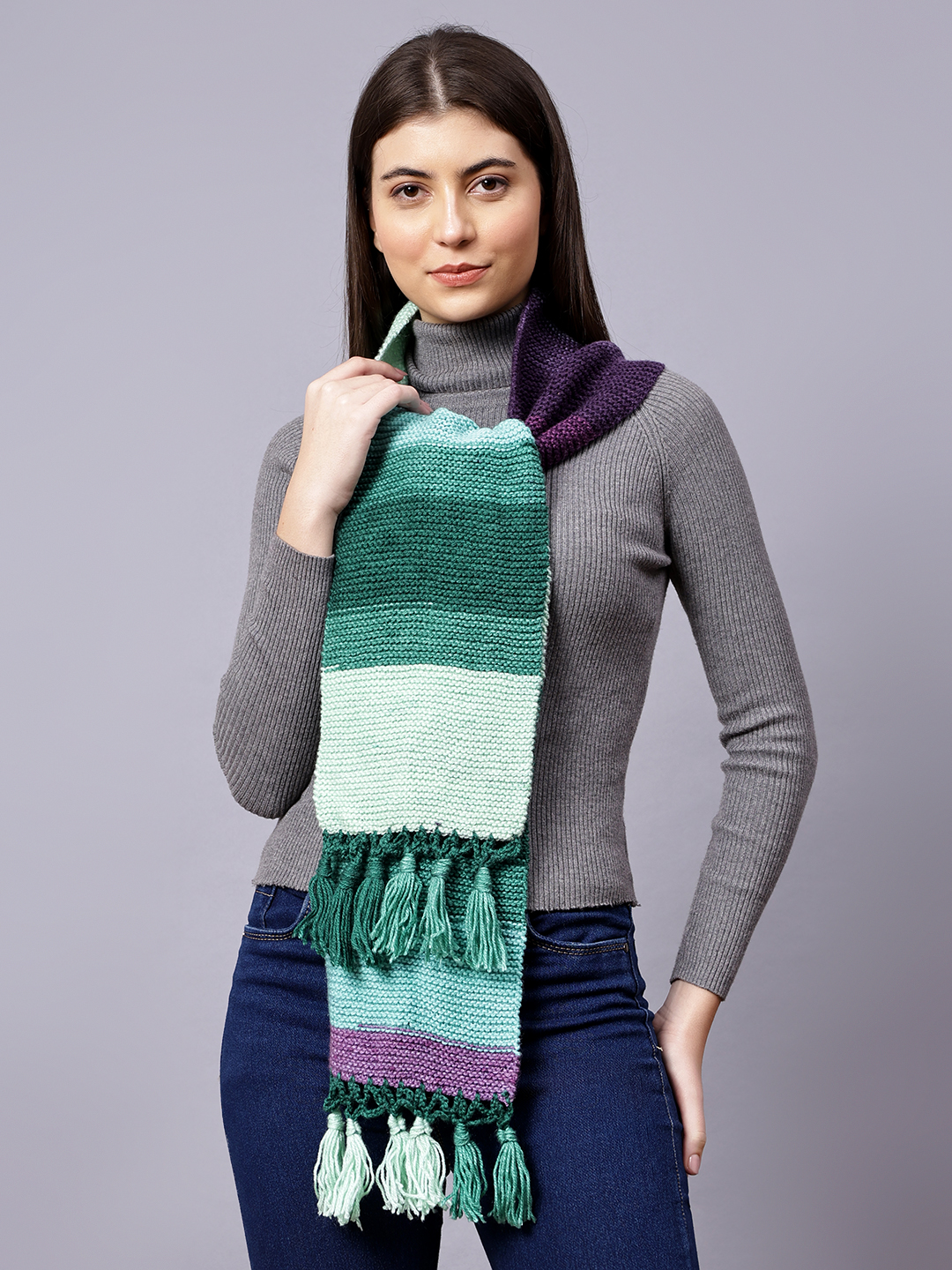 Hand Knitted Winter Muffler with Tassels for Women - Multi