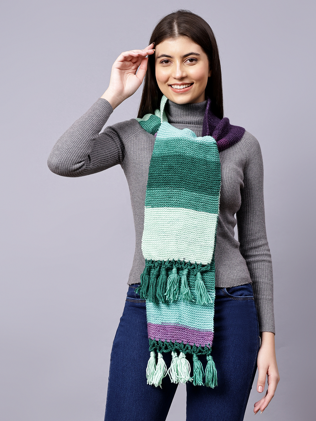 Hand Knitted Winter Muffler with Tassels for Women - Multi