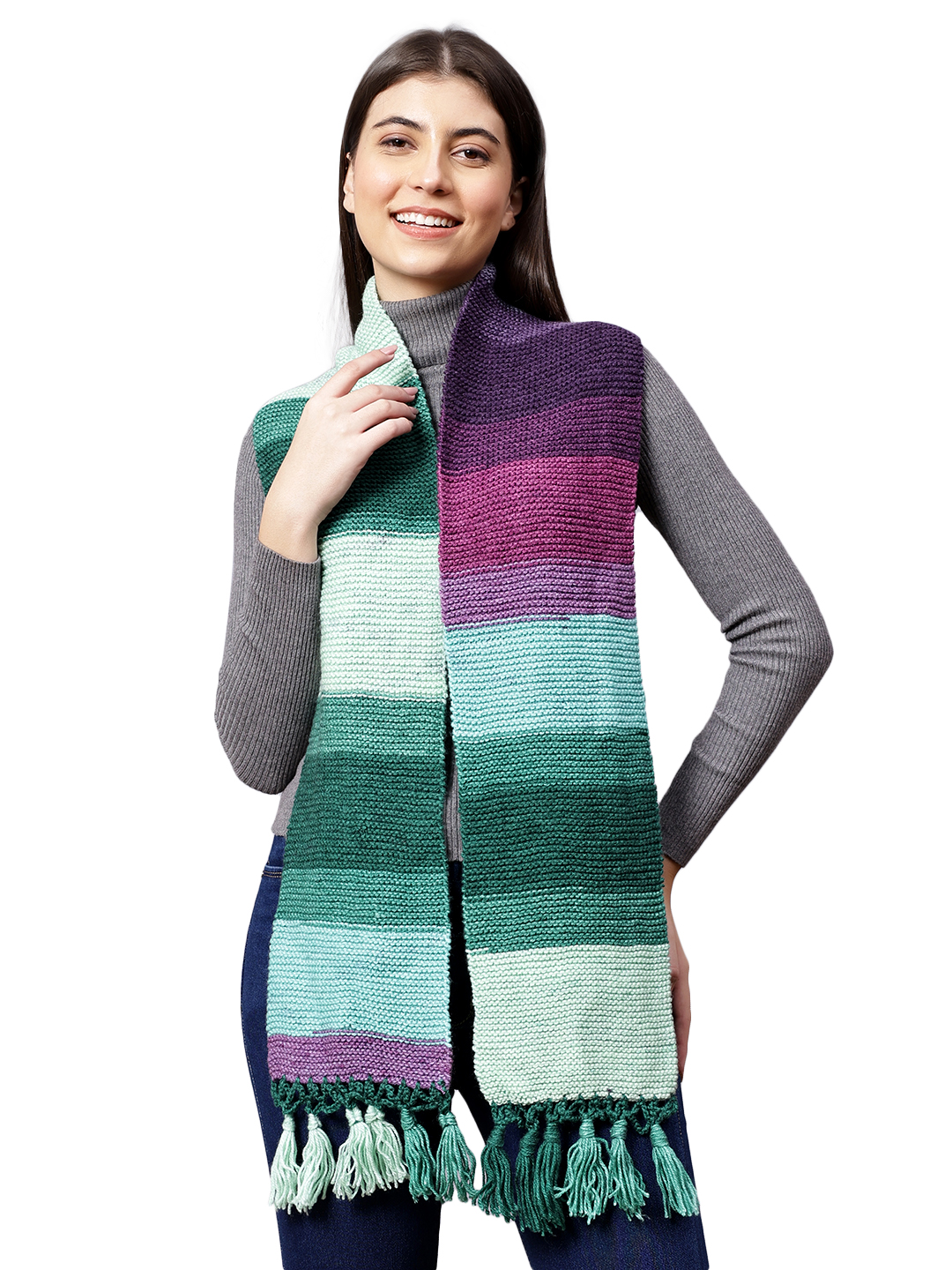Hand Knitted Winter Muffler with Tassels for Women - Multi