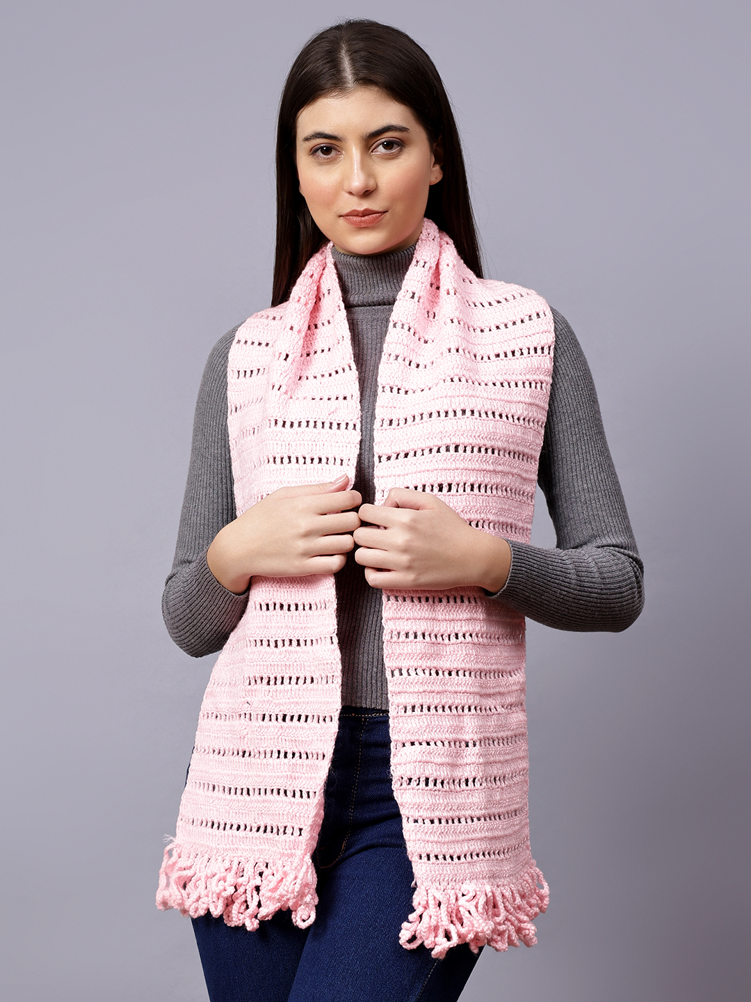 Velvery Pink Tasseled Hand Knitted Women Muffler
