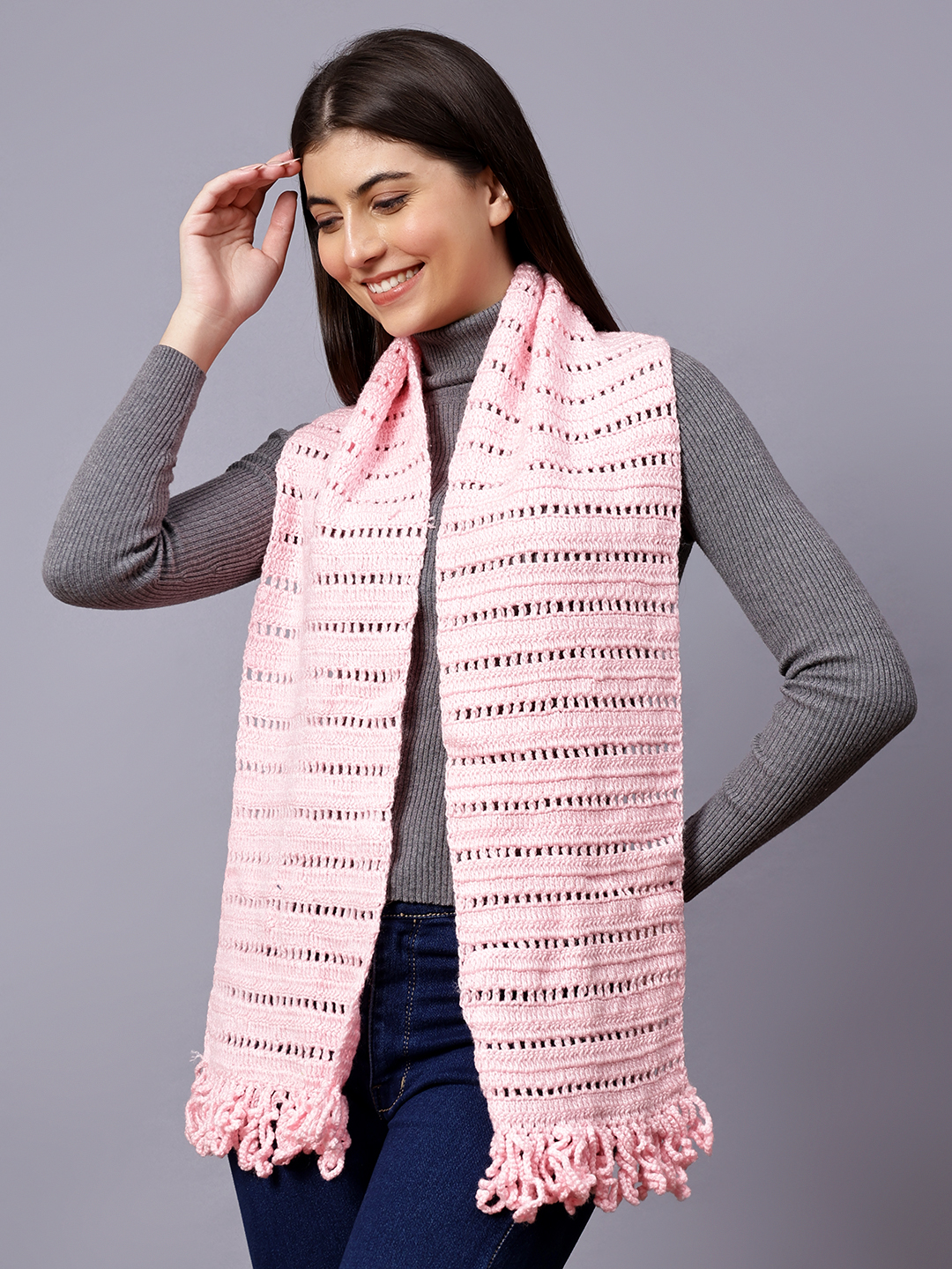 Velvery Pink Tasseled Hand Knitted Women Muffler