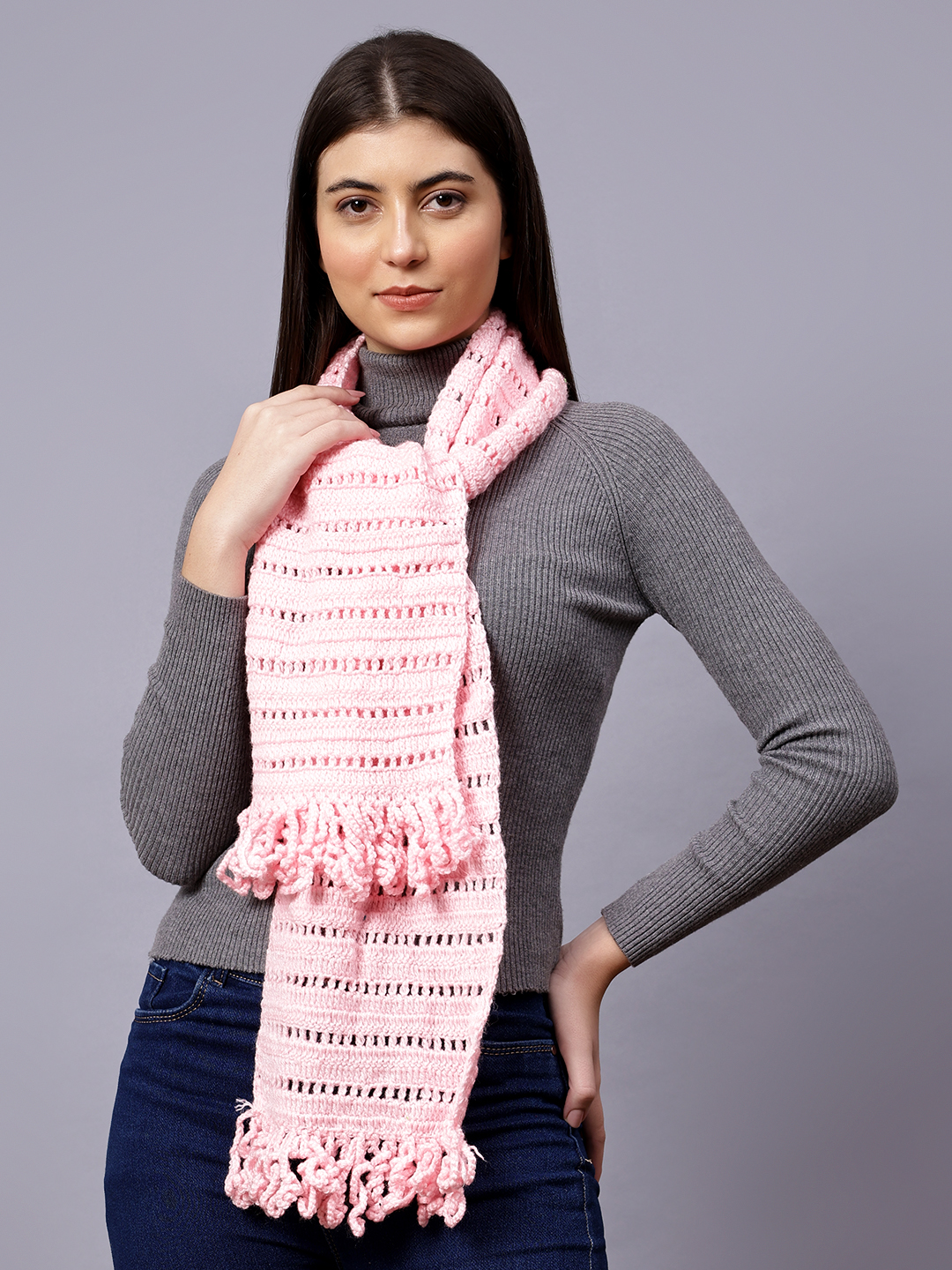 Velvery Pink Tasseled Hand Knitted Women Muffler