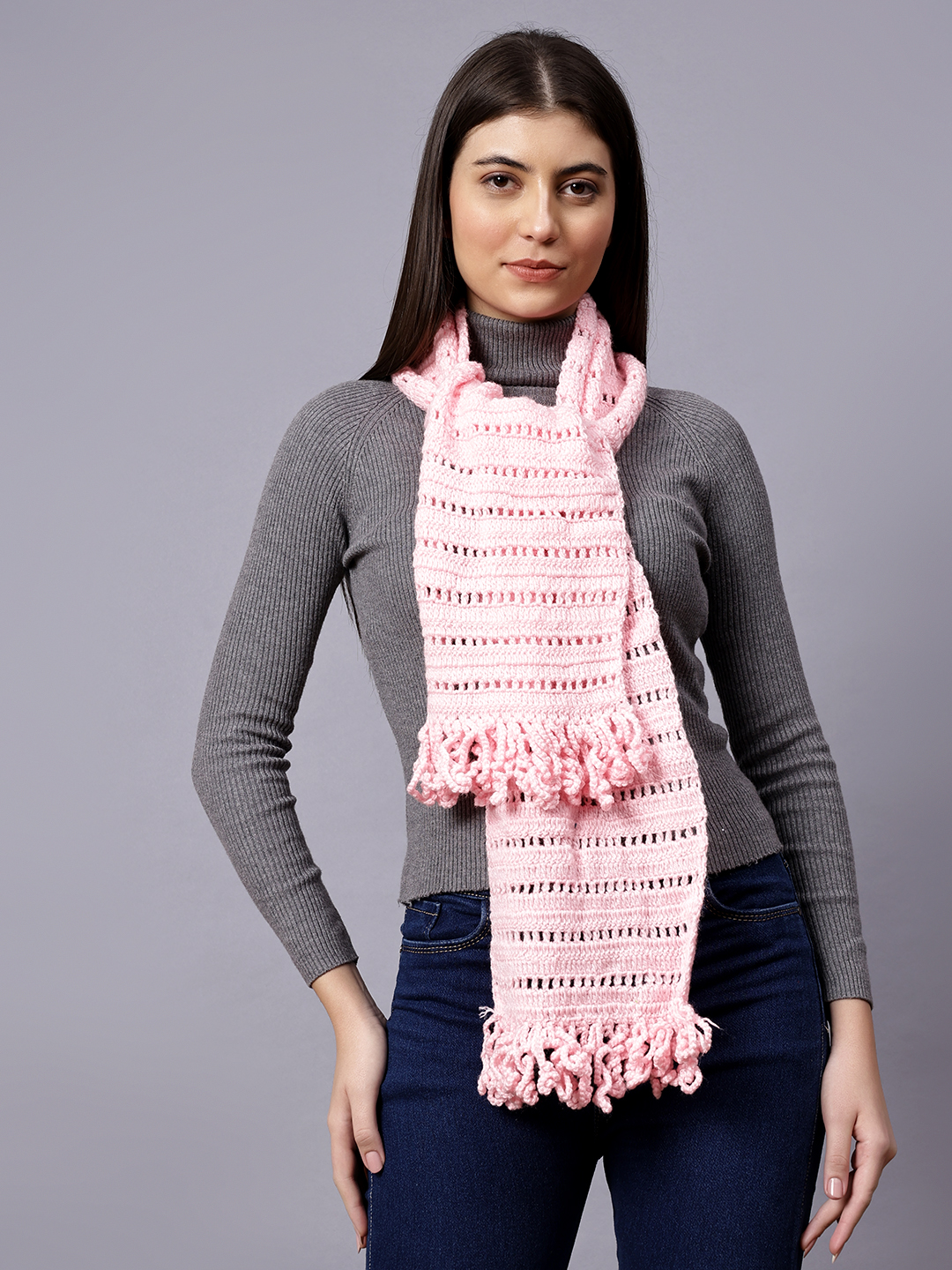 Velvery Pink Tasseled Hand Knitted Women Muffler